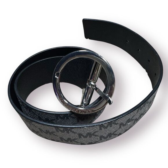 Michael Kors Signature MK Logo Print Canvas Gray Silver‎ Belt Size Medium 34" - Picture 4 of 6